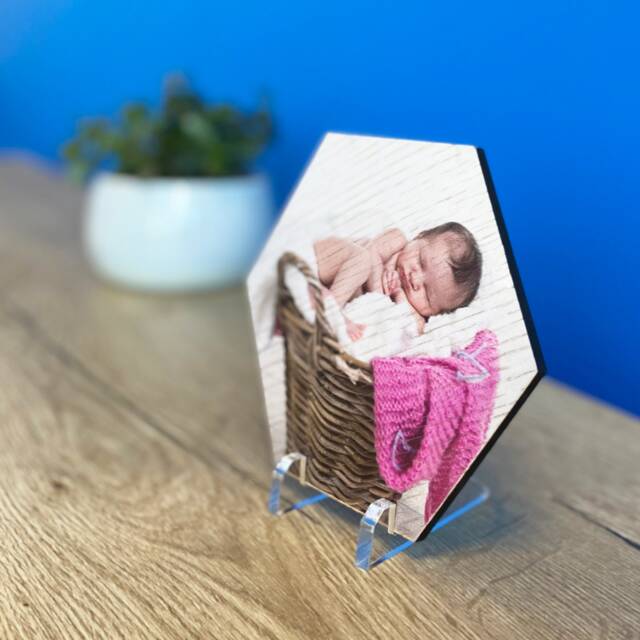 Personalised Hexagonal Photo Gift - Printed On Wood Acrylic Tile Father's Day Birthday - image 1