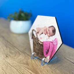 Personalised Hexagonal Photo Gift - Printed On Wood Acrylic Tile Father's Day Birthday - thumbnail 1
