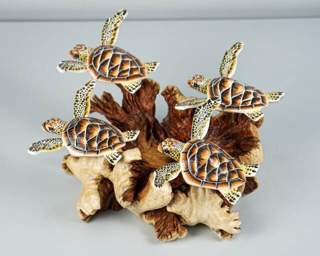 Turtle Sculpture, Family, Sea Turtle, Wood Carving, Ocean, Hand-Painted Figurine, Office Desk Decor, Summer, Home Decoration, Family Gift - image 1