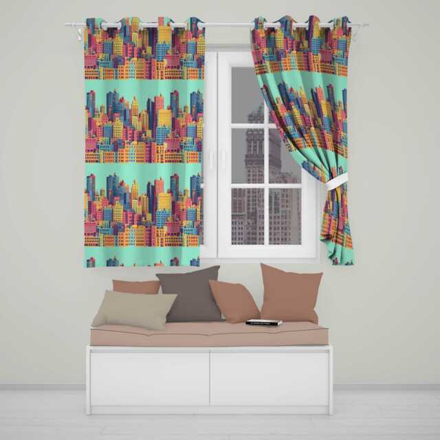 Colorful Stylized Cityscape Buildings Illustration Seamless Pattern Readymade Eyelet Ring Top Thermal 100% Blackout Curtains - image 1
