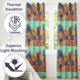 Colorful Stylized Cityscape Buildings Illustration Seamless Pattern Readymade Eyelet Ring Top Thermal 100% Blackout Curtains - thumbnail 3