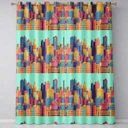 Colorful Stylized Cityscape Buildings Illustration Seamless Pattern Readymade Eyelet Ring Top Thermal 100% Blackout Curtains - thumbnail 2