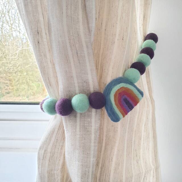 Pastel Vintage Rainbow Curtain Felt Ball Pom Tie Backs, Holdbacks - image 1