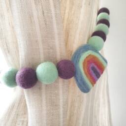 Pastel Vintage Rainbow Curtain Felt Ball Pom Tie Backs, Holdbacks - thumbnail 3