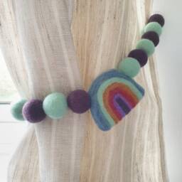 Pastel Vintage Rainbow Curtain Felt Ball Pom Tie Backs, Holdbacks - thumbnail 2