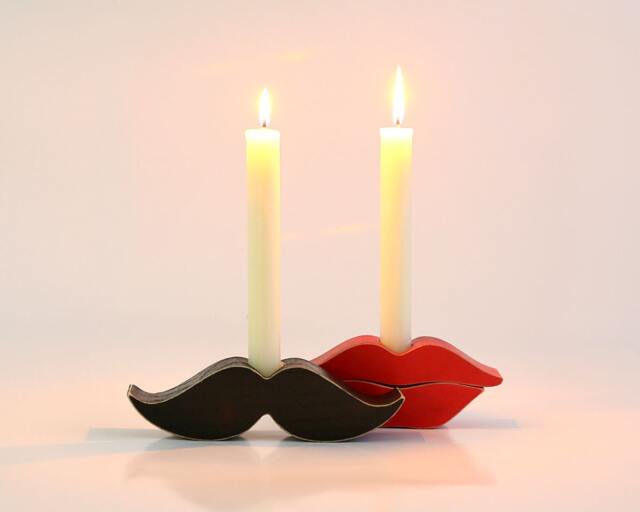 Handmade Wooden Candle Holders Lips & Mustache Set - image 1