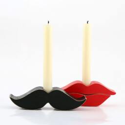 Handmade Wooden Candle Holders Lips & Mustache Set - thumbnail 2