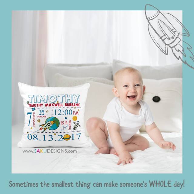 Cartoon Space Baby Pillow-Baby Pillow-Birth Announcement-Nursery Decor-Baby Pillow-Personalized Pillow-New Baby-Birth Stats-Rockets-Comics - image 1