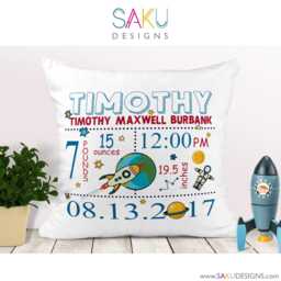 Cartoon Space Baby Pillow-Baby Pillow-Birth Announcement-Nursery Decor-Baby Pillow-Personalized Pillow-New Baby-Birth Stats-Rockets-Comics - thumbnail 2