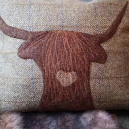 Hand Crafted Harris Tweed Highland Cow Embroidered Cushion Cover - thumbnail 3