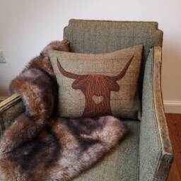 Hand Crafted Harris Tweed Highland Cow Embroidered Cushion Cover - thumbnail 2