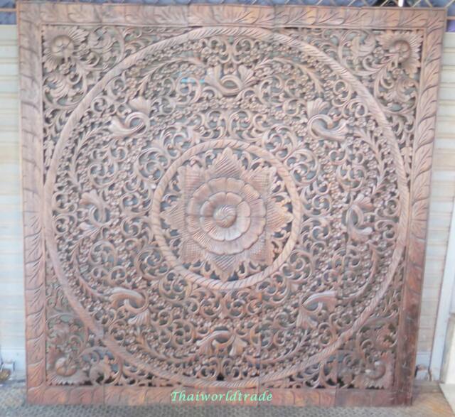 Thai Queen Bed Headboard 5Ft Sculpture Lotus Flower Mandala Wooden Hand Craved Carving Teak Wood Art Panel White Wash Wall Bohemian Decor