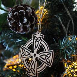 Celtic Cross Wooden Bauble Irish Design Ireland Gaelic Classic Ornament Quirky Rustic Stocking Present Laser Wood Burned Ornate - thumbnail 3