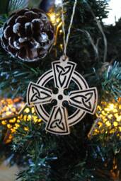Celtic Cross Wooden Bauble Irish Design Ireland Gaelic Classic Ornament Quirky Rustic Stocking Present Laser Wood Burned Ornate - thumbnail 1