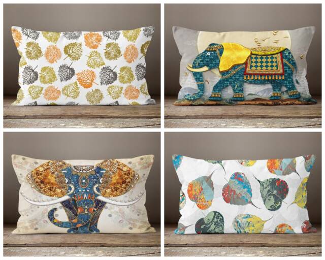 Rectangle Elephant, Floral Leaf Cushion Cover/Elephant Lumbar Pillow Case/Blue, Yellow Elephant Waist Bedding Decor - image 1