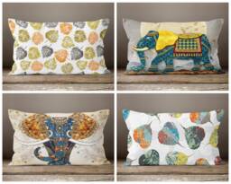 Rectangle Elephant, Floral Leaf Cushion Cover/Elephant Lumbar Pillow Case/Blue, Yellow Elephant Waist Bedding Decor - thumbnail 1