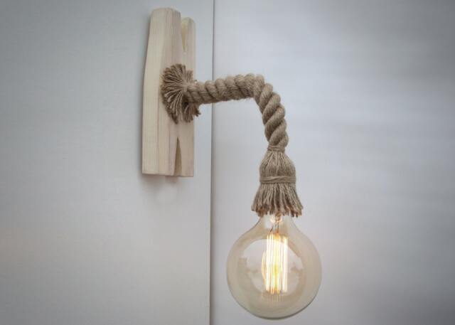 Wall Light Made From A Rope & Aged Wood, Wooden Sconce, Rustic Light, Lamp, Lighting Fixture, Edison Living Room, Dining Room - image 1