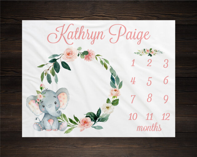 Girl Safari Baby Milestone Blanket, Month Growth Tracker Shower Gift, Elephant Baby, Newborn Animals - image 1