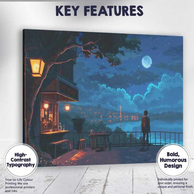 Moonlit Lakeside Cafe Night Digital Landscape Canvas Wall Art Print Decor Picture Ready To Hang - image 1