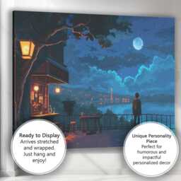 Moonlit Lakeside Cafe Night Digital Landscape Canvas Wall Art Print Decor Picture Ready To Hang - thumbnail 3