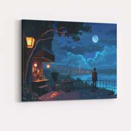 Moonlit Lakeside Cafe Night Digital Landscape Canvas Wall Art Print Decor Picture Ready To Hang - thumbnail 4