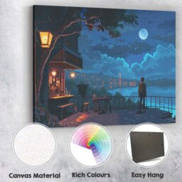 Moonlit Lakeside Cafe Night Digital Landscape Canvas Wall Art Print Decor Picture Ready To Hang - thumbnail 2