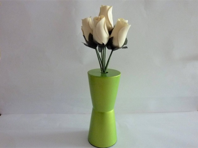 Wooden Painted Vase, Iridescent Green/Yellow With 7 Cream Roses , Ideal Gift For All Occasions - image 1
