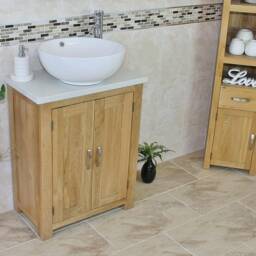 Solid Oak Bathroom Vanity Unit - White Quartz Top Marble Basin Choice 310Wqsbc - thumbnail 3