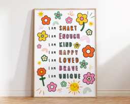 Children's Affirmation Wall Art - Kids Bedroom Girl Poster Positive Quotes I Am Strong Happy Kind Playroom Nursery Print Flowers - thumbnail 1