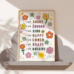 Children's Affirmation Wall Art - Kids Bedroom Girl Poster Positive Quotes I Am Strong Happy Kind Playroom Nursery Print Flowers - thumbnail 3
