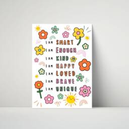 Children's Affirmation Wall Art - Kids Bedroom Girl Poster Positive Quotes I Am Strong Happy Kind Playroom Nursery Print Flowers - thumbnail 2
