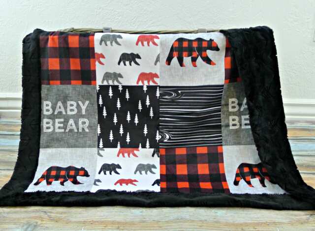 Personalized Minky Baby Blanket - Buffalo Plaid Bear Name Crib Adult - image 1