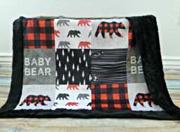 Personalized Minky Baby Blanket - Buffalo Plaid Bear Name Crib Adult