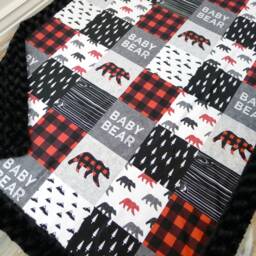 Personalized Minky Baby Blanket - Buffalo Plaid Bear Name Crib Adult - thumbnail 2