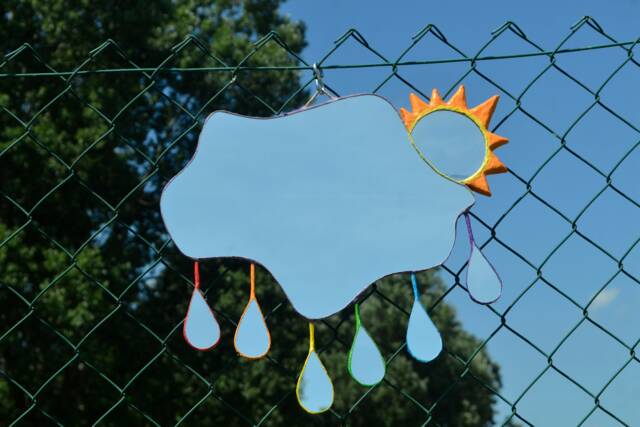 Rainbow Rainy Cloud & Sun Frameless Wall Mirror, Asymetrical Full Size Eclectic Decor, House Warming Gift, Boho Mirror - image 1