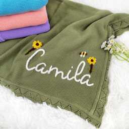 Custom Embroidered Baby Blanket, Personalized Cotton Knit Throw With Name, Newborn Keepsake Gift, Crib Blanket For Nursery - thumbnail 2