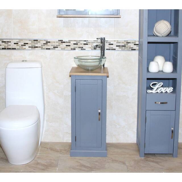 Solid Oak Top Grey Bathroom Vanity - 35cm Sink Cabinet - image 1