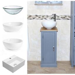 Solid Oak Top Grey Bathroom Vanity - 35cm Sink Cabinet - thumbnail 2