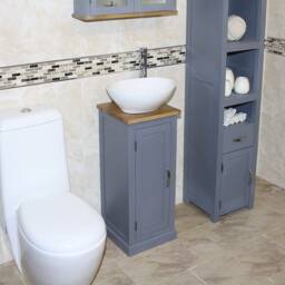 Solid Oak Top Grey Bathroom Vanity - 35cm Sink Cabinet - thumbnail 3