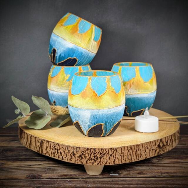 Artisan Candle Holder Painted Yellow Turquoise Blue Large Tea Light Handmade Small Bowl Plants Succulent Jar Decorative Gift - image 1