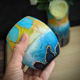 Artisan Candle Holder Painted Yellow Turquoise Blue Large Tea Light Handmade Small Bowl Plants Succulent Jar Decorative Gift - thumbnail 4