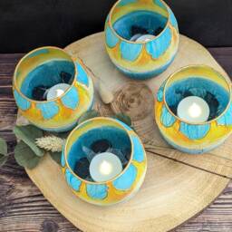 Artisan Candle Holder Painted Yellow Turquoise Blue Large Tea Light Handmade Small Bowl Plants Succulent Jar Decorative Gift - thumbnail 2