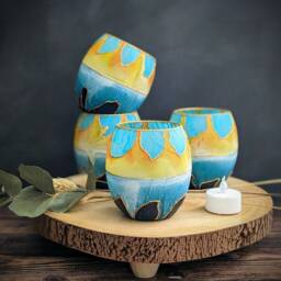 Artisan Candle Holder Painted Yellow Turquoise Blue Large Tea Light Handmade Small Bowl Plants Succulent Jar Decorative Gift - thumbnail 3