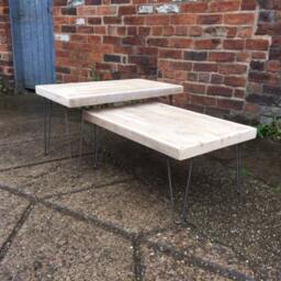 White Limed Rustic Pine Wood Top Hairpin Coffee Table. Low Level Table, Tv Stand, Console Unit. & Steel Industrial Hair Pin Legs - thumbnail 3