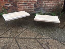 White Limed Rustic Pine Wood Top Hairpin Coffee Table. Low Level Table, Tv Stand, Console Unit. & Steel Industrial Hair Pin Legs