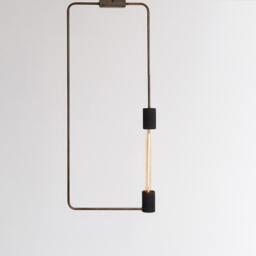 Minimalist Industrial Rectangle Pendant Lamp Patina Steel & Wood - thumbnail 2
