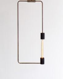 Minimalist Industrial Rectangle Pendant Lamp Patina Steel & Wood