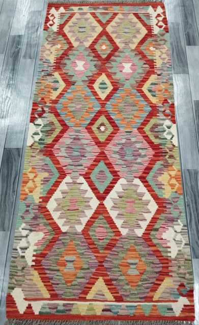 Multicolour Runner Rug, Handmade Artisan Afghan Turkish Scandinavian Navajo Bohemian Flatweave Wool Kilim 194x82 cm - image 1