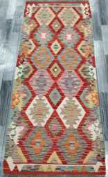 Multicolour Runner Rug, Handmade Artisan Afghan Turkish Scandinavian Navajo Bohemian Flatweave Wool Kilim 194x82 cm - thumbnail 1