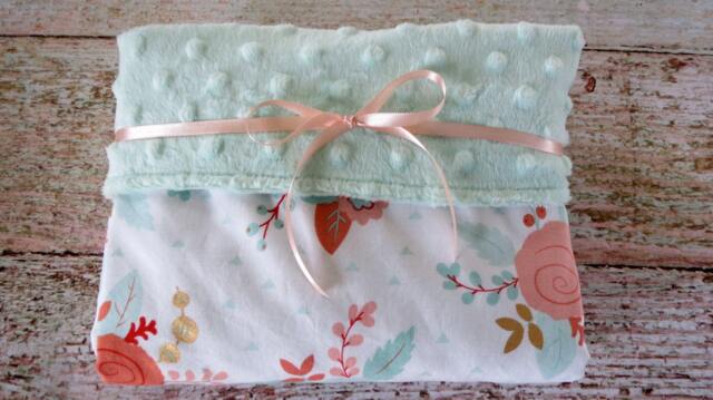 Baby Blanket - Girl Mint Minky Blush Rose Floral Nursery Bedding Gift - image 1